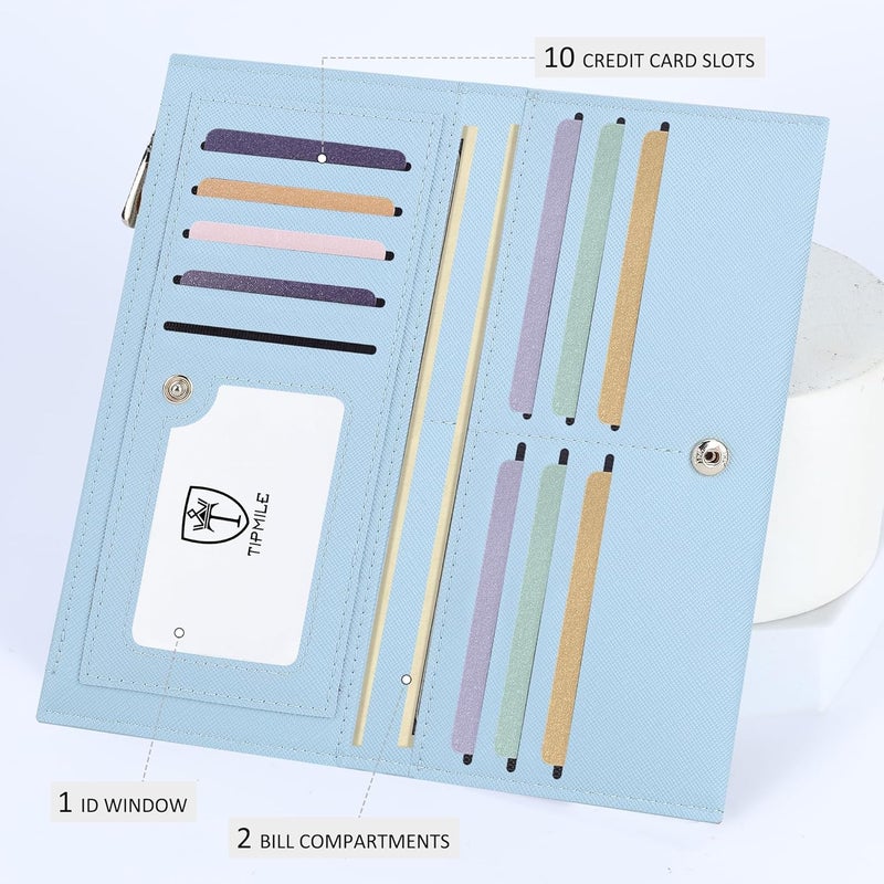 Tipmile Slim Wallet for Women, RFID Blocking Credit Card Holder, Ladies Bifold Wallet with Zipper, Light Blue - Image 4